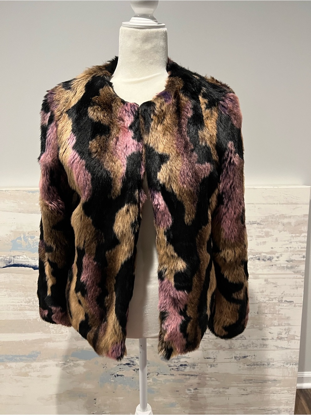 Bar III Multicolor Faux Fur Leopard-Print Jacket in Pink, Brown & Black; size s